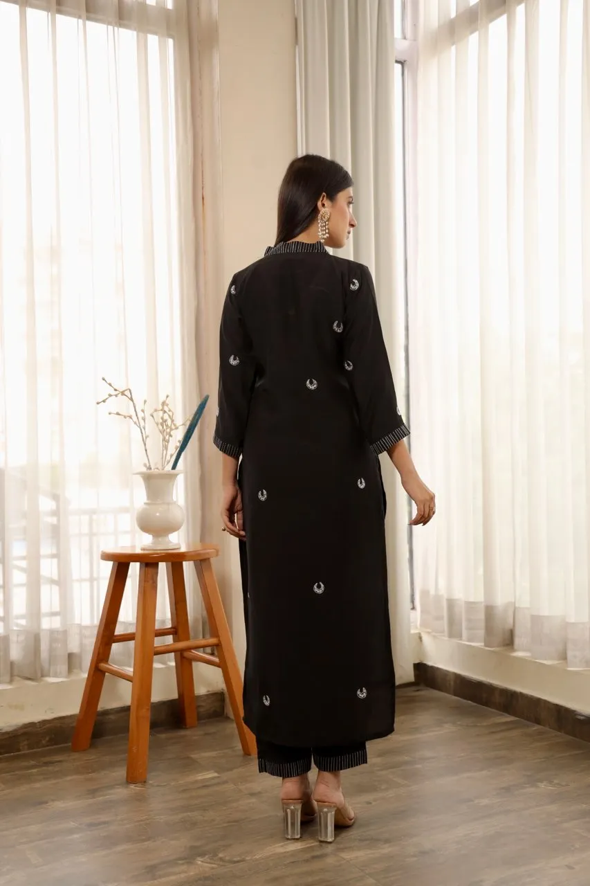 Chand embroidery black muslin straight set