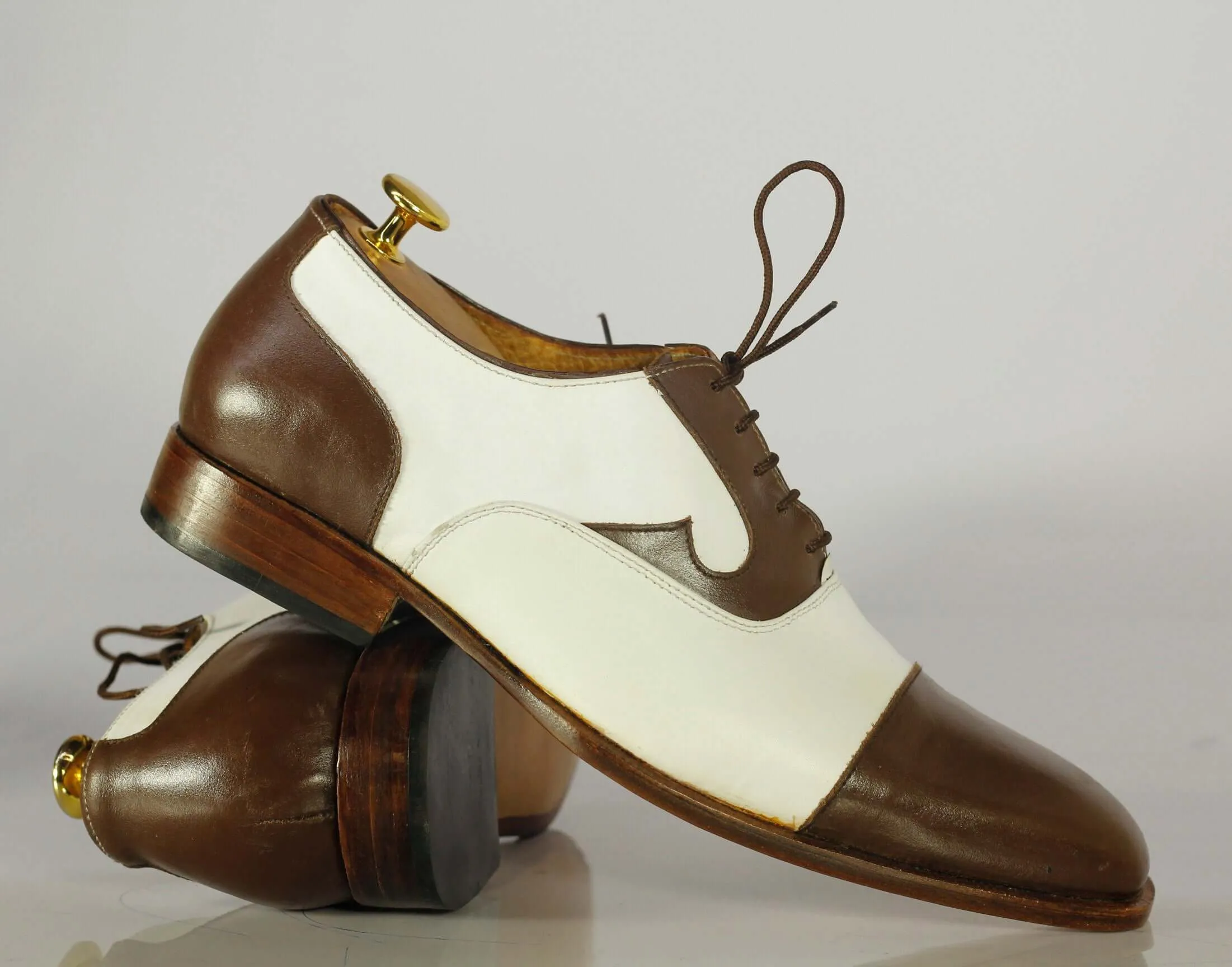 Handmade Men's Brown White Cap Toe Leather Lace Up Shoes, Men Designer Dress Formal Shoes