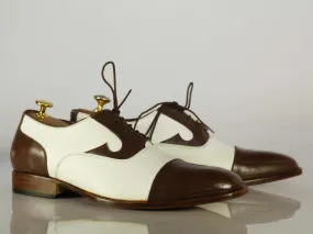 Handmade Men's Brown White Cap Toe Leather Lace Up Shoes, Men Designer Dress Formal Shoes