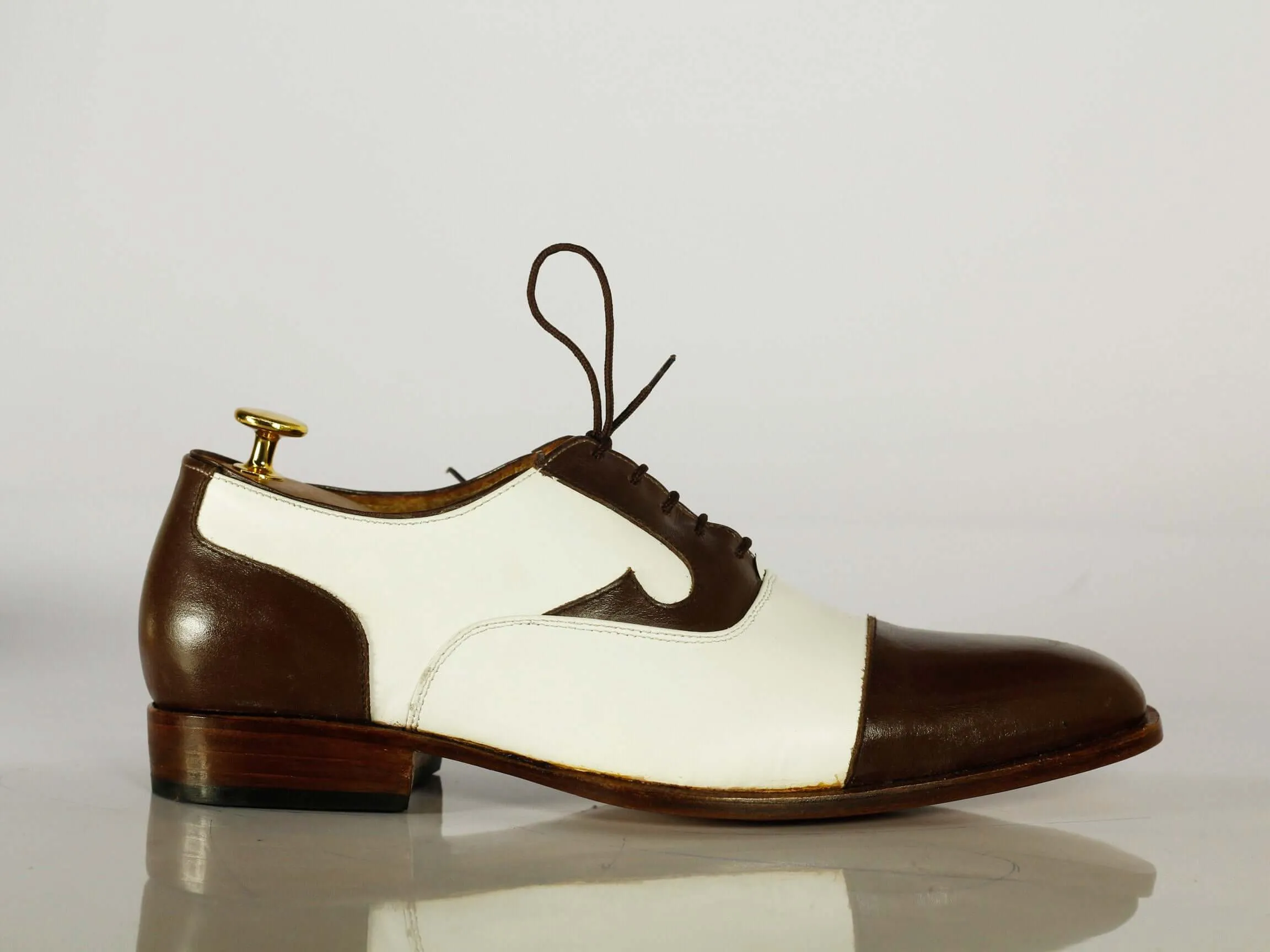 Handmade Men's Brown White Cap Toe Leather Lace Up Shoes, Men Designer Dress Formal Shoes