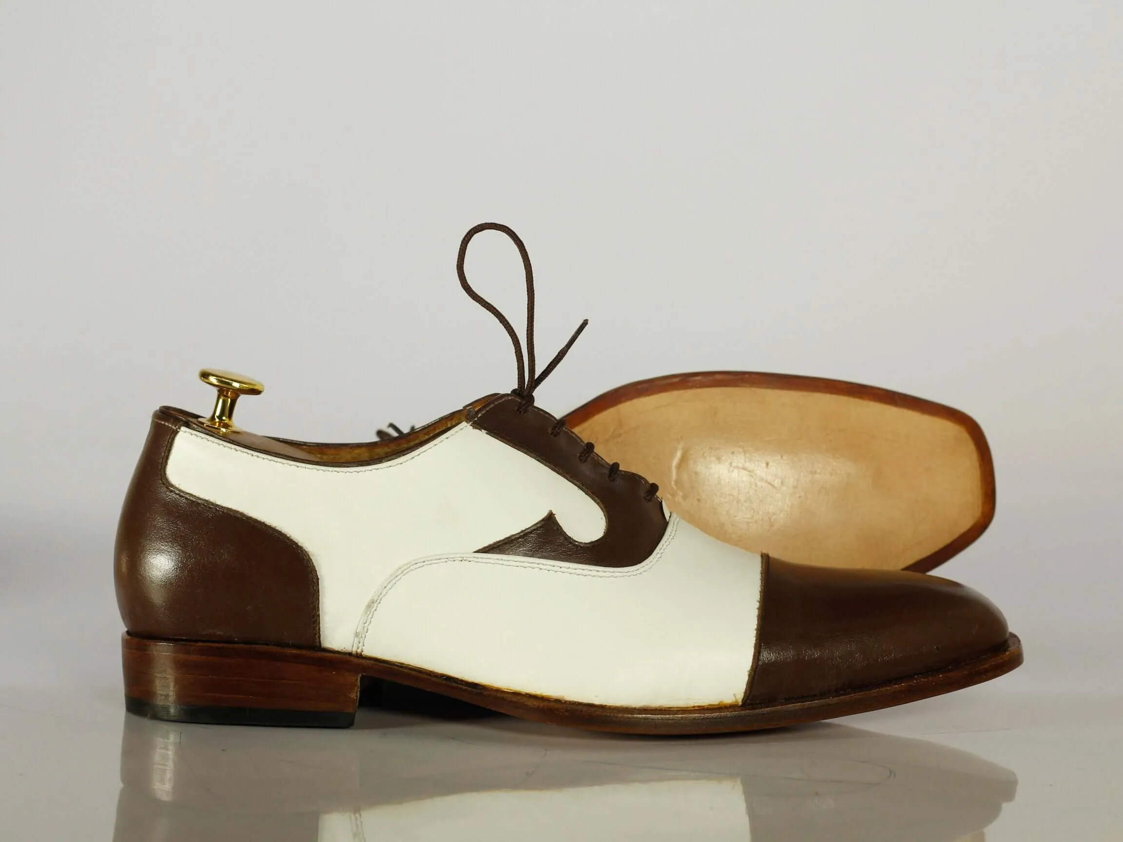 Handmade Men's Brown White Cap Toe Leather Lace Up Shoes, Men Designer Dress Formal Shoes