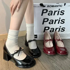 Hnzxzm New Fashion Bowknot Shallow Soft Sole Dress Shoes for Women High Heeled Mary Jane Single Shoes Ladies Thick Heel Ballet Shoes