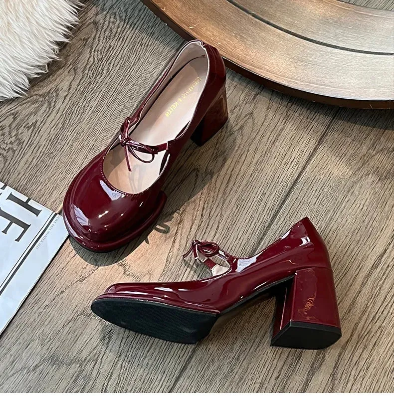 Hnzxzm New Fashion Bowknot Shallow Soft Sole Dress Shoes for Women High Heeled Mary Jane Single Shoes Ladies Thick Heel Ballet Shoes
