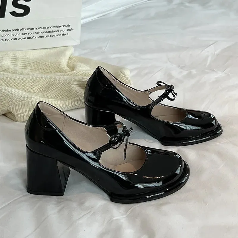 Hnzxzm New Fashion Bowknot Shallow Soft Sole Dress Shoes for Women High Heeled Mary Jane Single Shoes Ladies Thick Heel Ballet Shoes